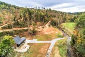 Aerial view of mountain cabin property, very large secluded vacation property