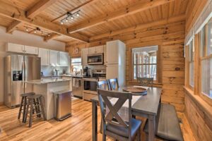 Modern vacation cabin with modern kitchen, granite and stainless appliances
